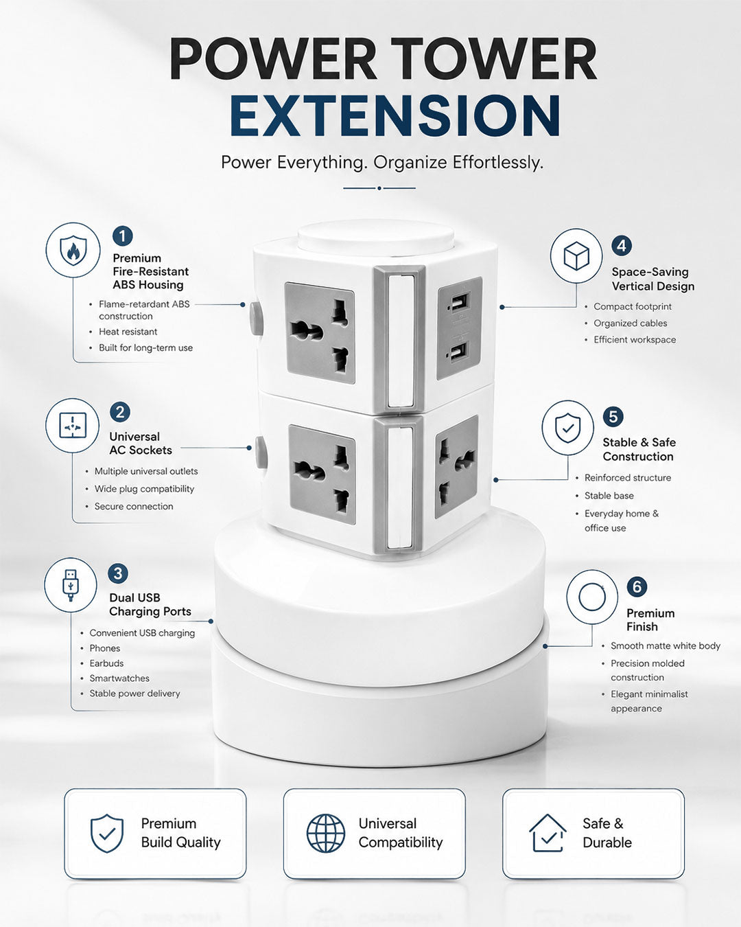 Universal Power Tower Extension Socket with USB Ports